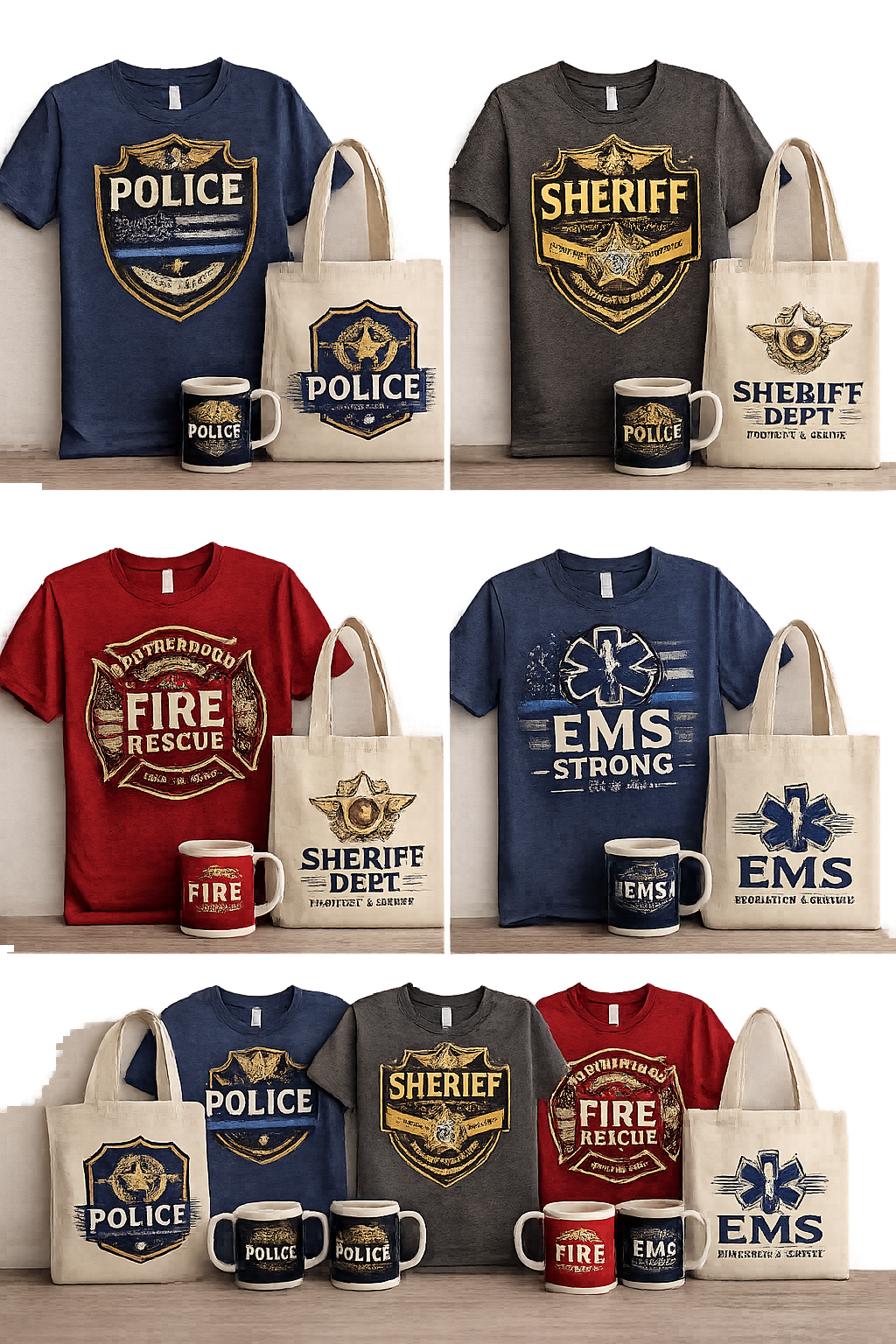 First responder themed shirts, mugs, and totes