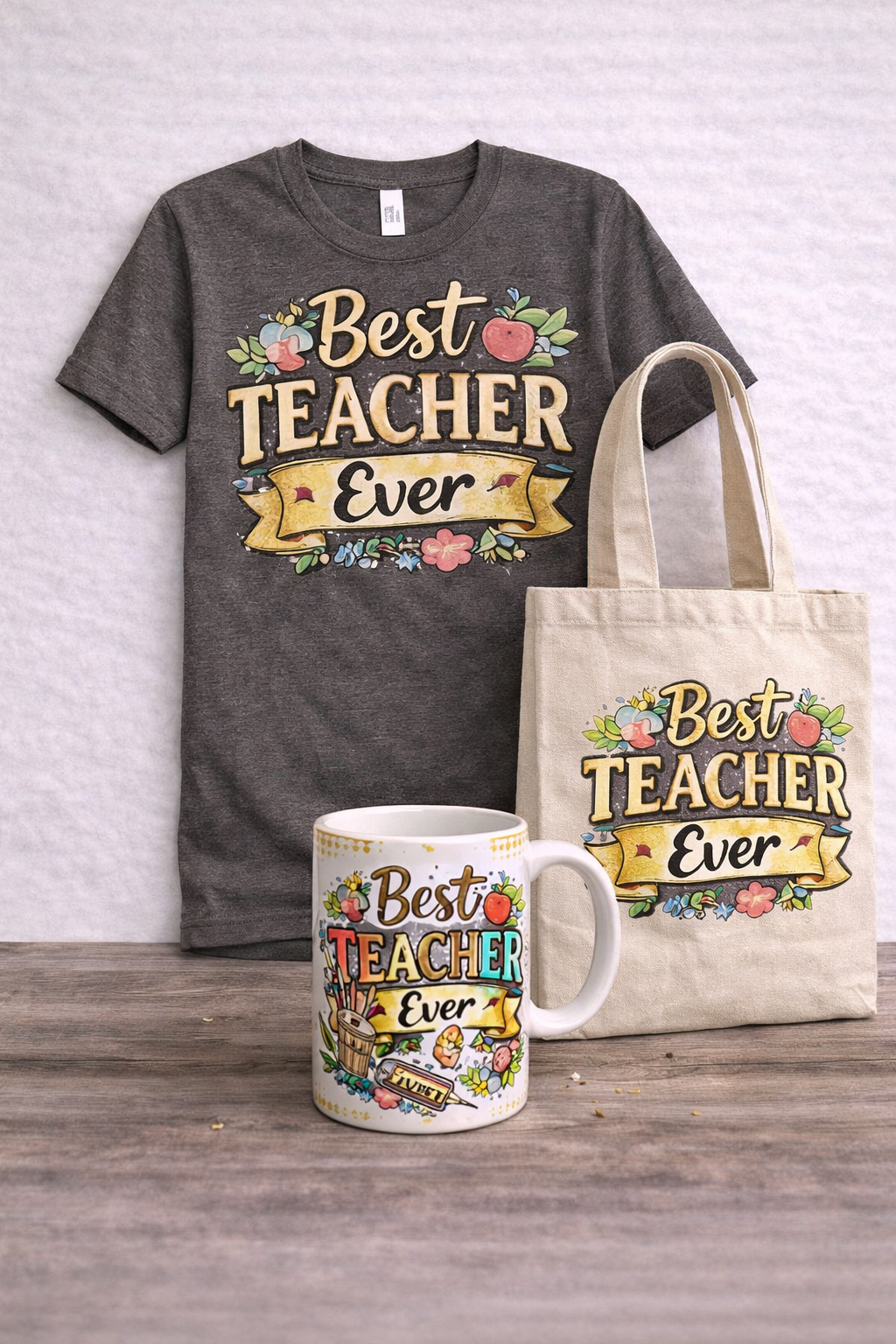 Teacher themed shirt, tote, and mug set